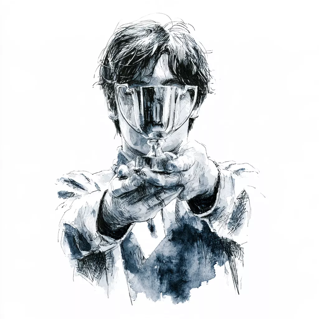 Dessin à l'encre bleue d'un homme en costume aux cheveux ébouriffés, mains tendues vers l'avant devant son visage
