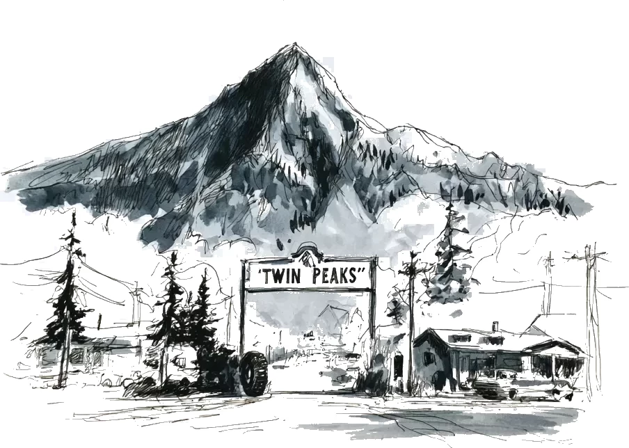 Croquis à l'encre d'une montagne enneigée dominant un panneau « Twin Peaks » à l'entrée d'une petite ville