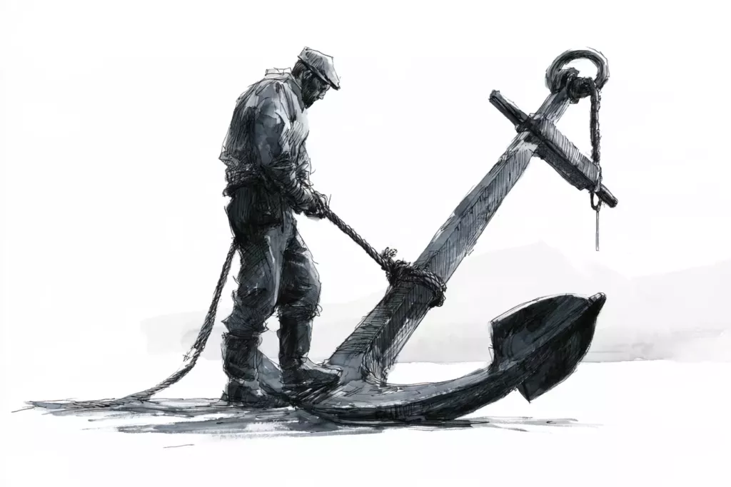 Dessin à l'encre noire d'un homme coiffé d'une casquette, appuyé sur un long outil près d'une ancre marine posée au sol.
