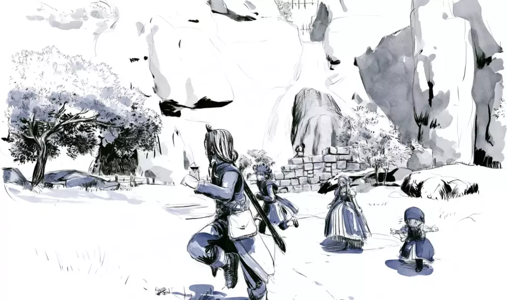 Dessin aux tons bleutés : trois personnages armés marchent dans un paysage enneigé parsemé de rochers et d'arbres.