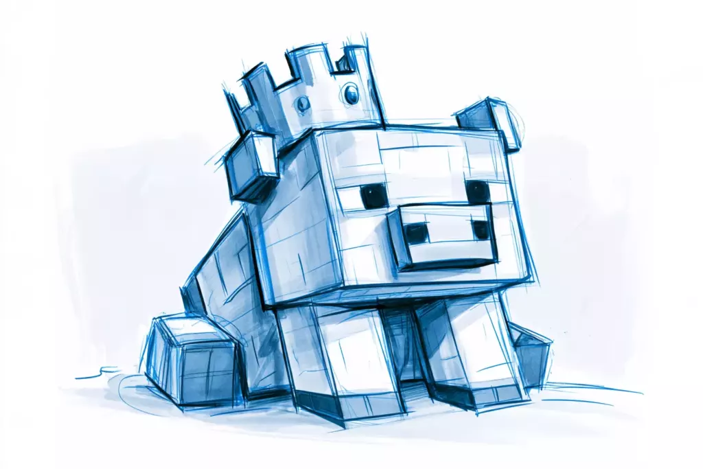Croquis au crayon bleu d'un cochon cubique de style Minecraft assis, aux contours anguleux sur fond blanc.
