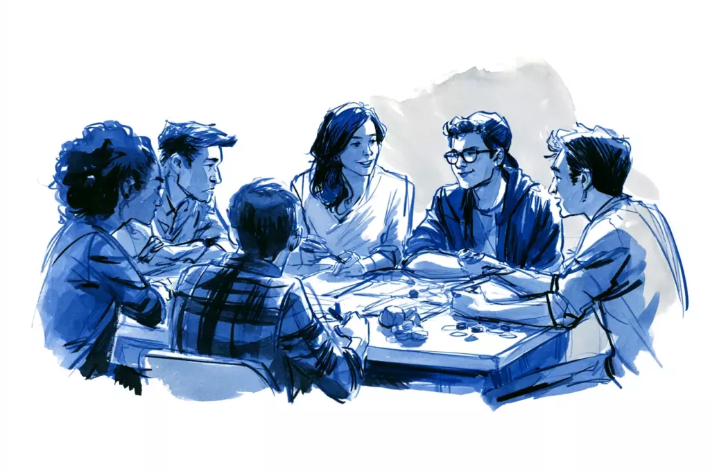 Croquis à l'encre bleue de six personnes assises autour d'une table, jouant à un jeu de société.