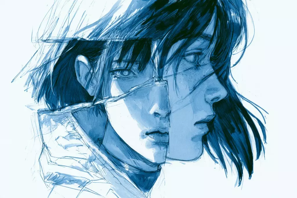 Dessin en tons bleus de deux visages superposés aux cheveux courts, regard baissé, sur fond blanc.