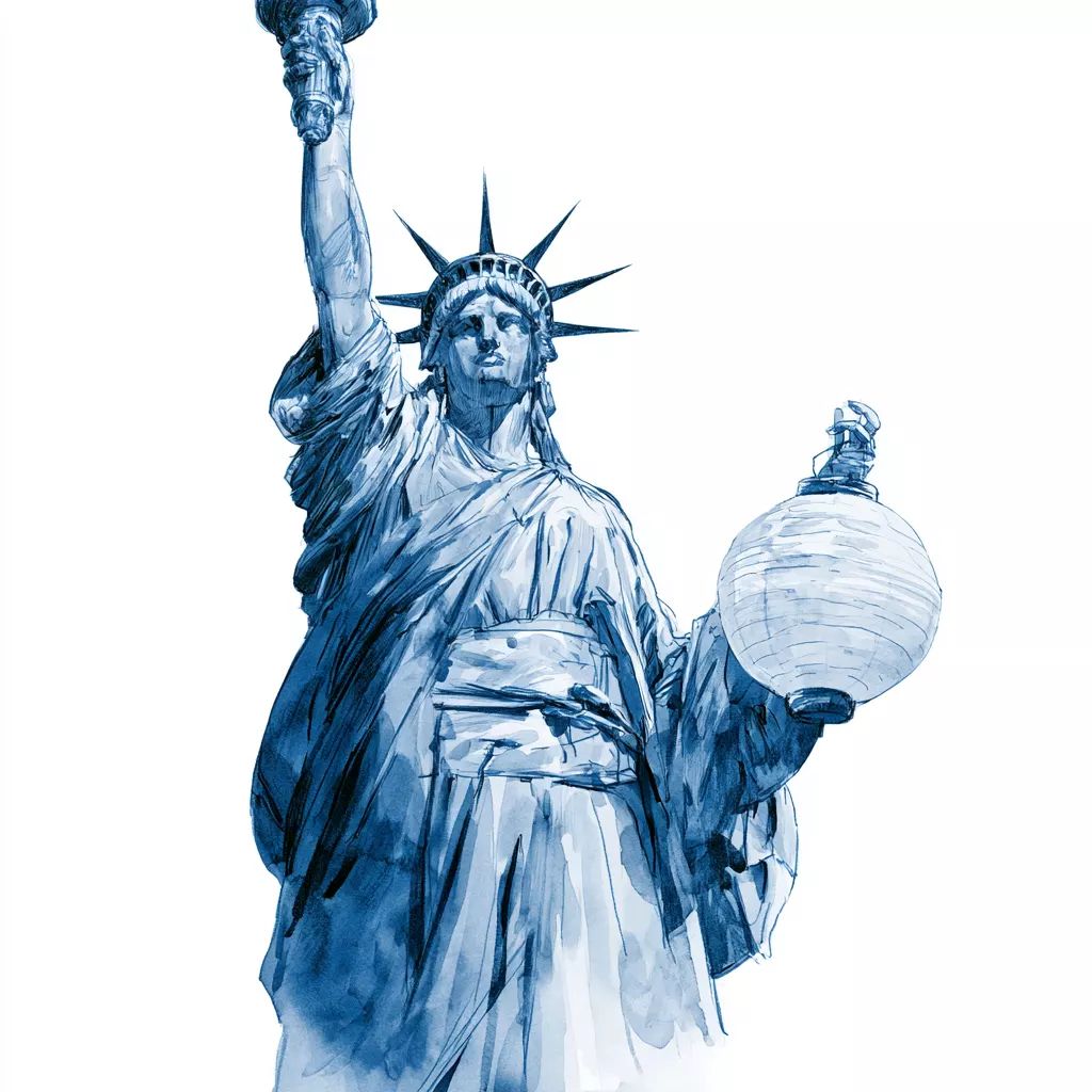 Aquarelle bleue de la statue de la Liberté, torche levée, tenant un globe terrestre sur fond blanc