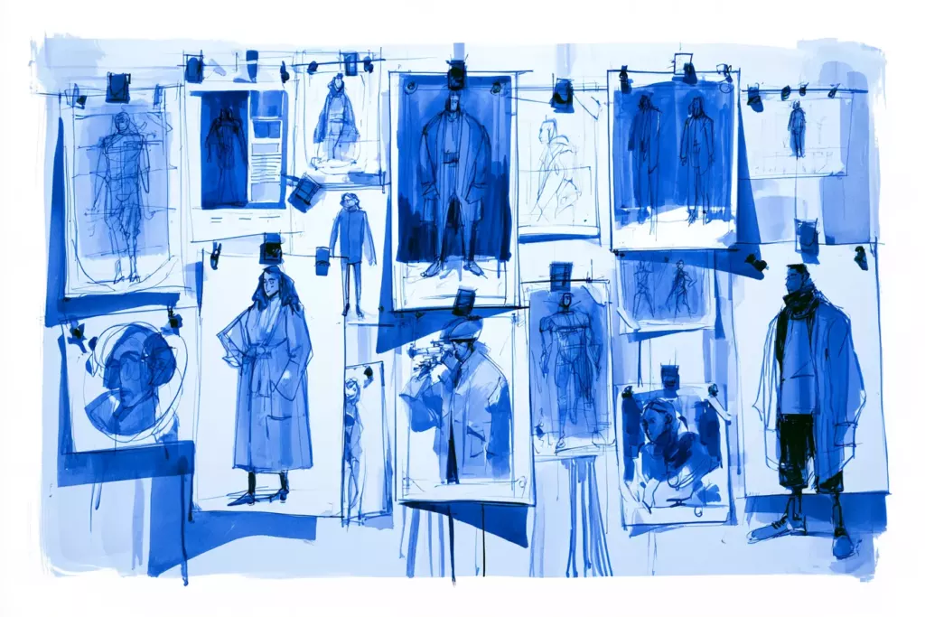 Croquis en camaïeu de bleus montrant des dessins de manteaux et silhouettes accrochés à des fils sur un mur d'atelier.