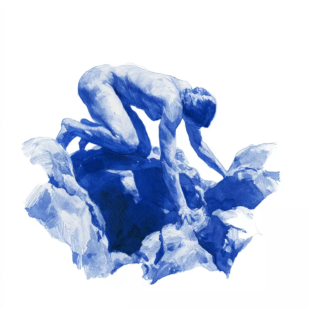 Aquarelle bleue d'un homme nu penché, appuyé des deux mains sur des rochers, sur fond blanc.