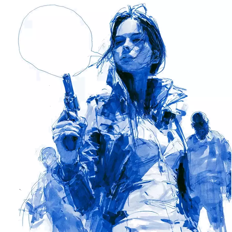 Illustration monochrome bleue d'une femme masquée tenant une arme, entourée de silhouettes floues, avec un cercle blanc en arrière-plan.