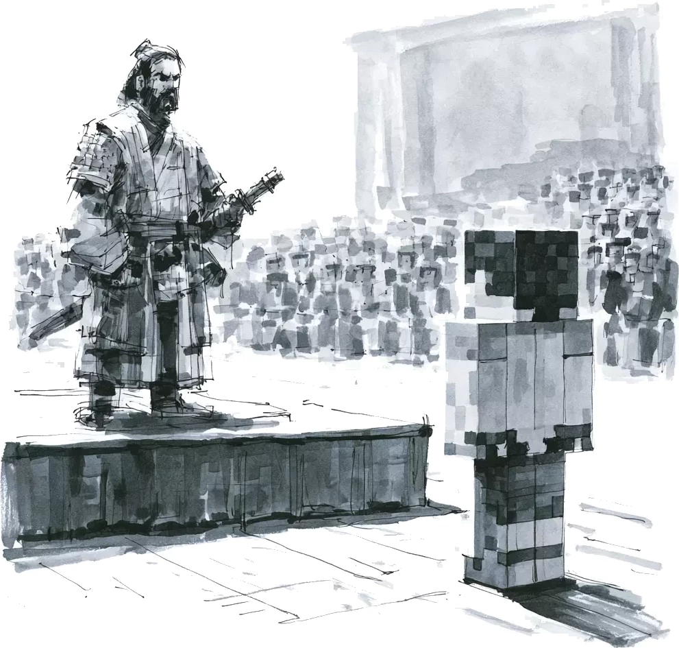 Lavis en noir et blanc : un guerrier en armure sur une estrade face à une foule, et un personnage en cubes de pixels.