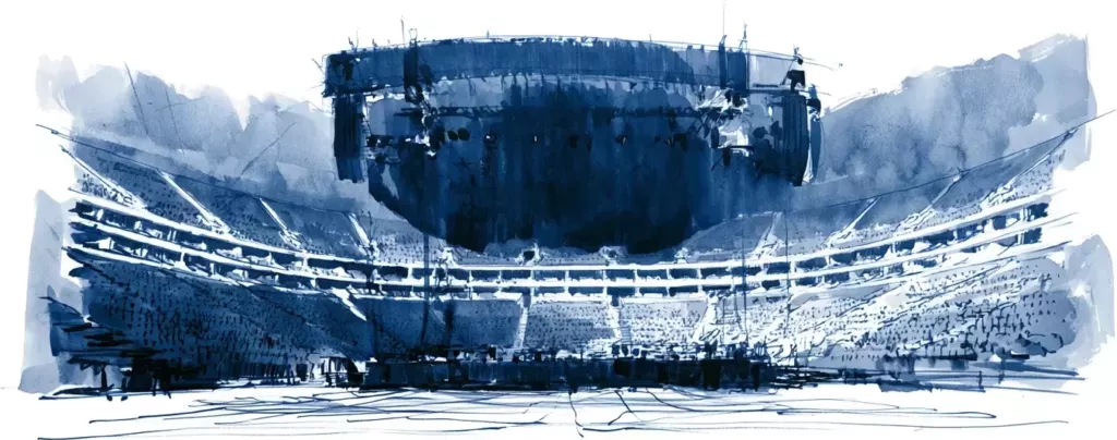 Aquarelle bleutée d'un grand stade vu de l'extérieur, avec ses gradins incurvés et sa façade à arcades.