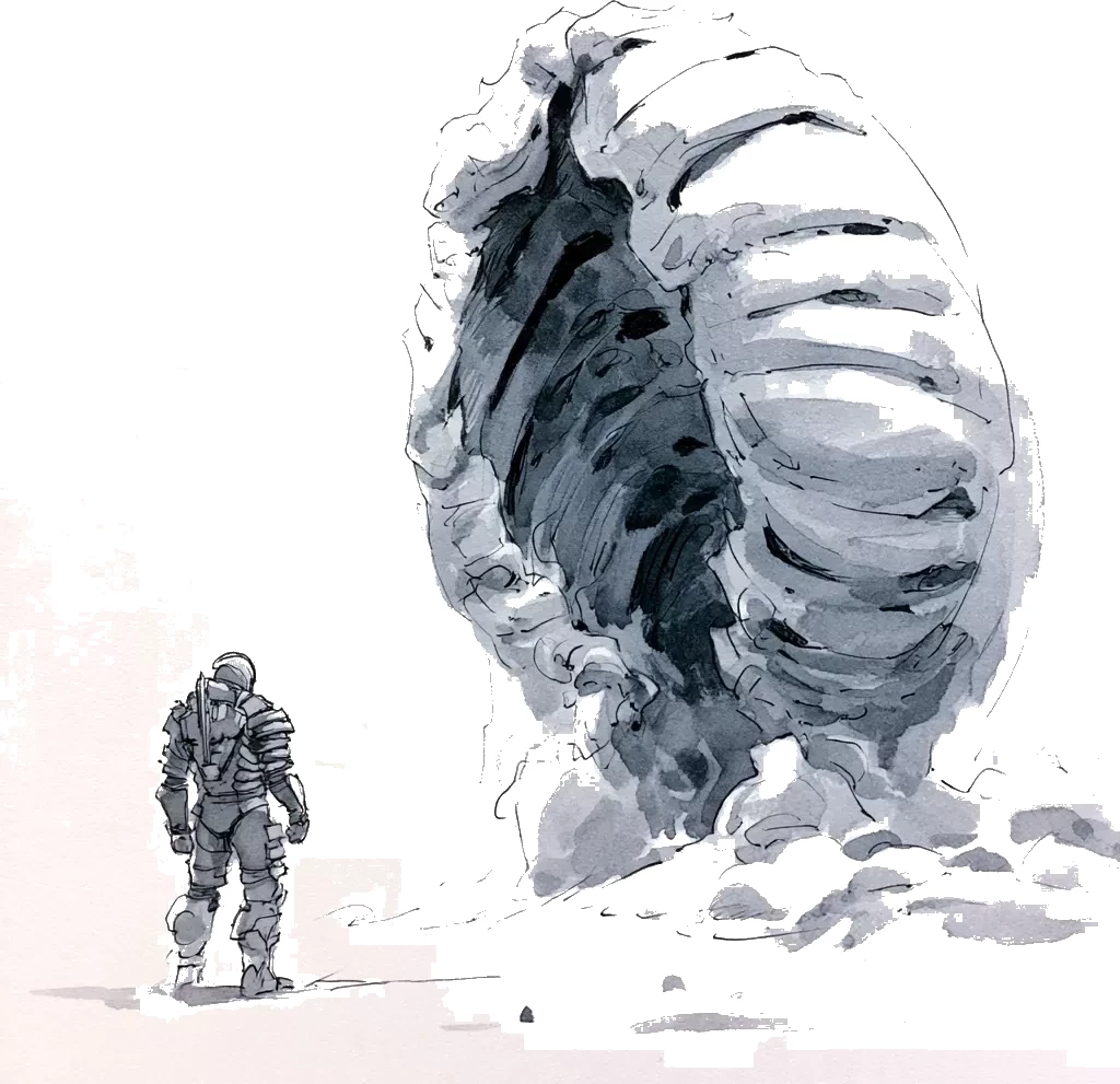 Astronaute en scaphandre marchant près d'une immense carcasse osseuse blanche, dessin à l'encre et lavis gris.