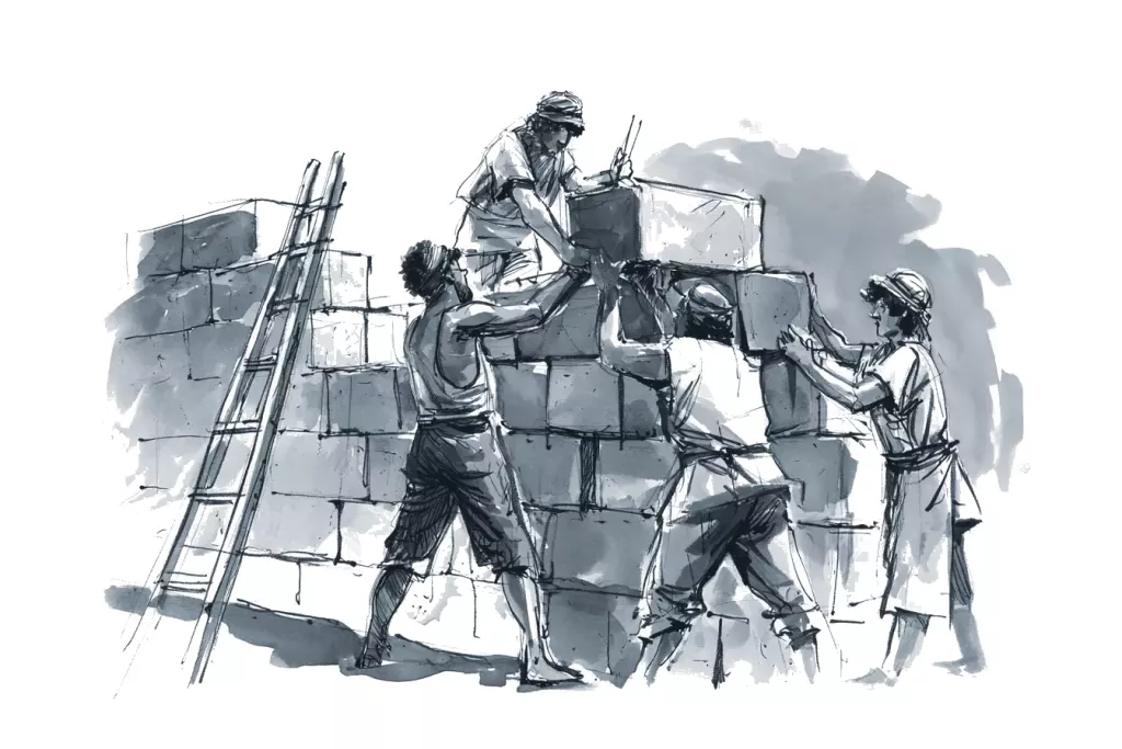 Croquis à l'encre et lavis gris : quatre ouvriers hissent de lourds blocs de pierre le long d'un mur, près d'une échelle.