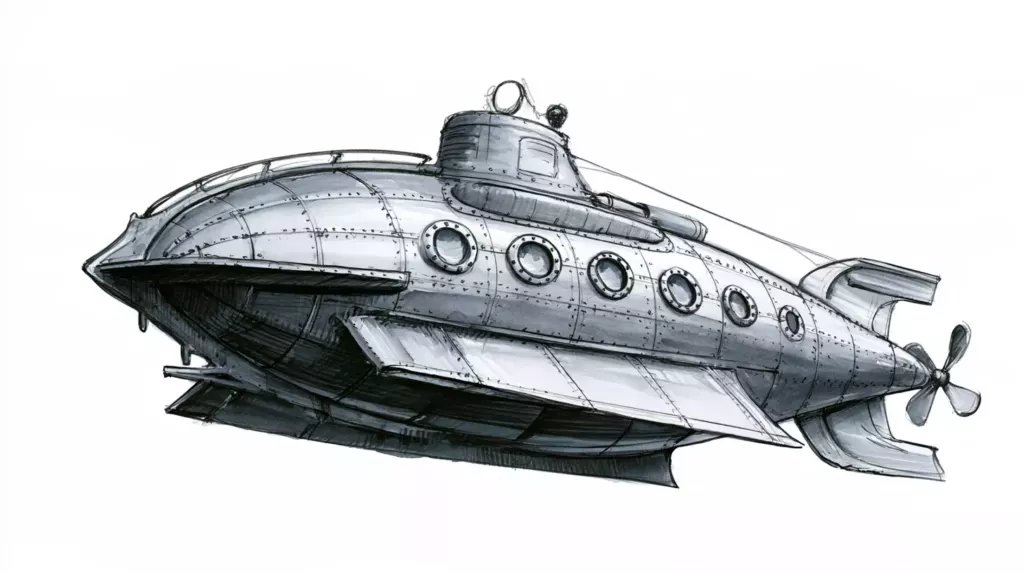 Dessin au crayon d'un sous-marin de style rétro, avec hublots ronds, tourelle et hélice à l'arrière, sur fond blanc.
