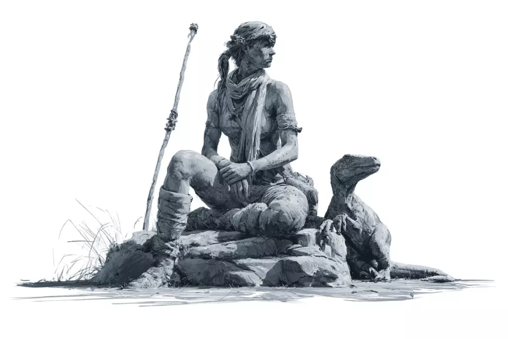 Dessin numérique en gris et bleu d'un chasseur assis sur des rochers, lance à la main, près d'un petit dinosaure
