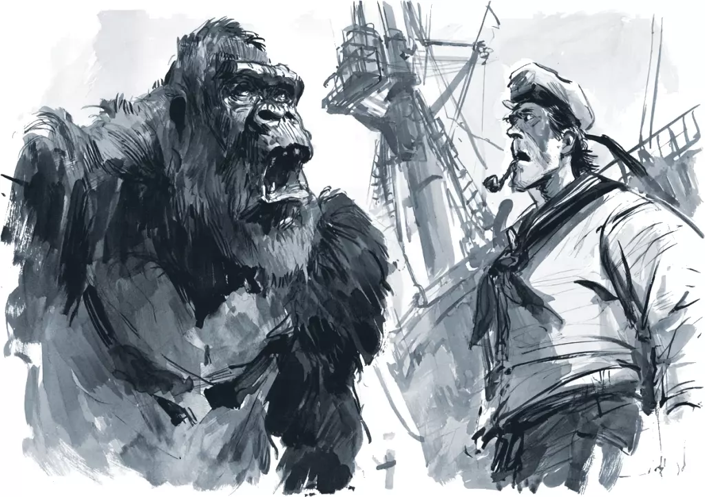 Dessin à l'encre noire d'un grand gorille à la gueule ouverte face à un marin barbu fumant la pipe, mâts en arrière-plan