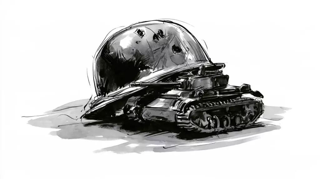 Croquis à l'encre noire d'un casque militaire posé derrière un char d'assaut miniature, sur fond blanc