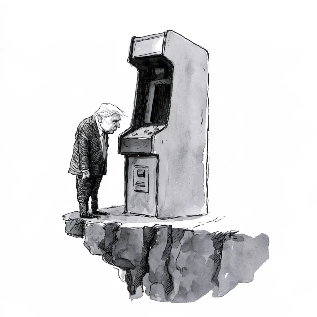 Dessin à l'encre et lavis gris : un homme âgé en costume, tête baissée, devant une borne d'arcade posée au bord d'une falaise.