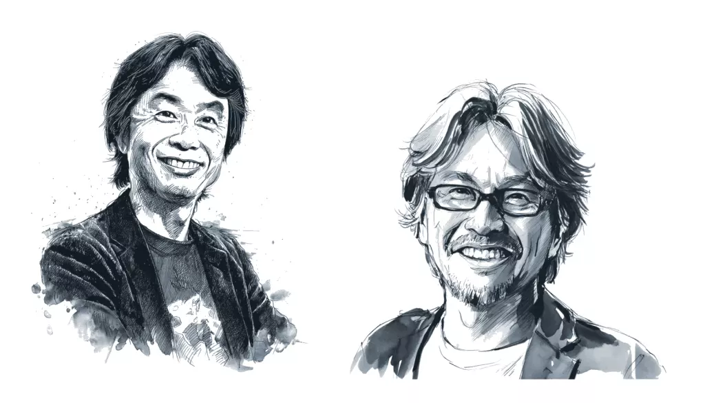 Portraits dessinés en noir et blanc de deux hommes à lunettes souriants, sur fond blanc taché d'encre.